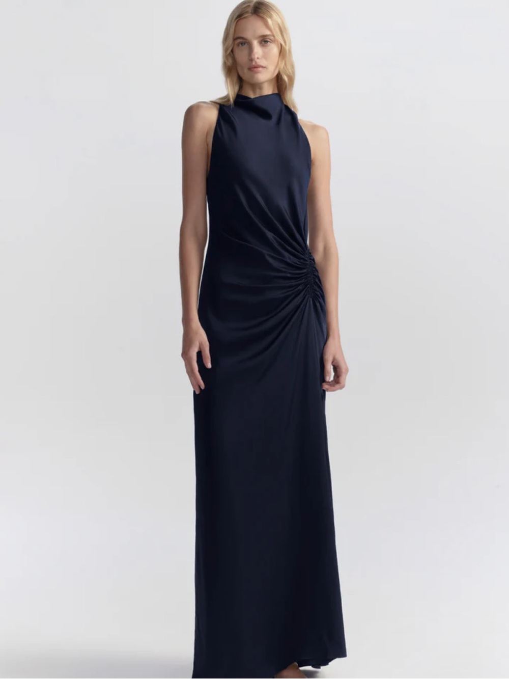 A.L.C Satin Gown in Navy with Side Ruched Detail